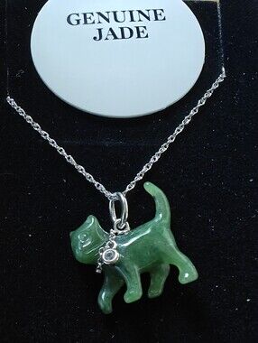 Dynasty Jade Nephrite Jade White Sapphire Cat Pendant Necklace 925 Sterling